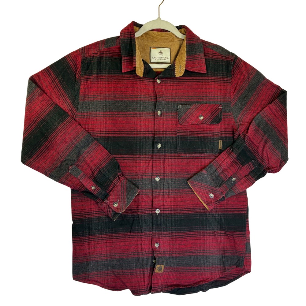 Legendary Whitetails Mens Flannel Shirt Red Black Plaid Corduroy Trim Medium